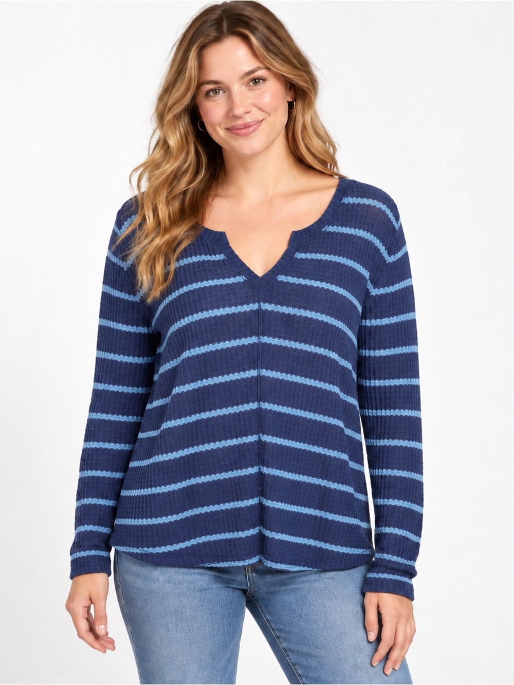 Arizona Cozy Waffle Knit Striped Notch Neck Relaxed Top